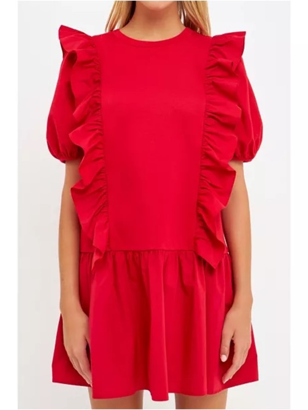 English Factory Red Mixed Media Ruffle Puff Sleeve Mini Dress EUC